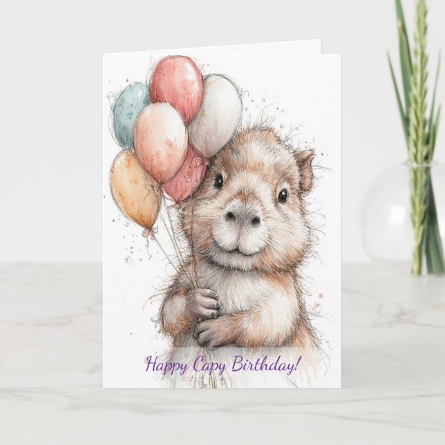 Tarjeta Capybara Birthday Card • Cute Balloon Design (Anverso)