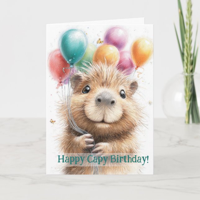 Tarjeta Capybara Birthday Card • Cute Balloon Design (Anverso)