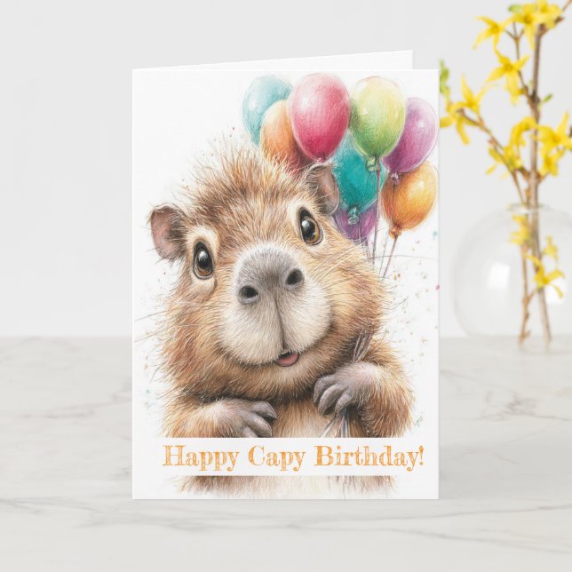Tarjeta Capybara Birthday Card • Cute Balloon Design (flor amarilla)