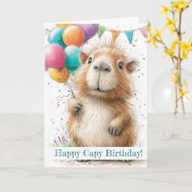 Tarjeta Capybara Birthday Card • Cute Balloon Design (flor amarilla)