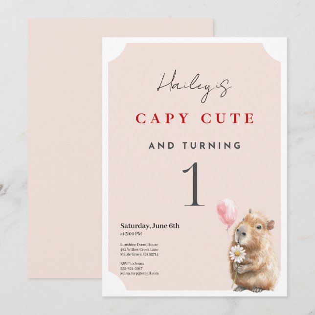 Tarjeta Capybara Birthday Invitation • First Birthday Part (Anverso / Reverso)