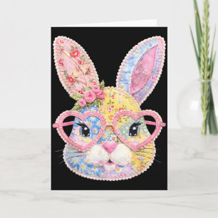 Tarjeta Cara de conejo divertido Gles Floral Patchwork Con