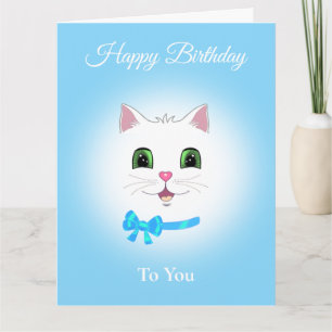Tarjeta Cara de gato feliz de cumpleaños en azul claro