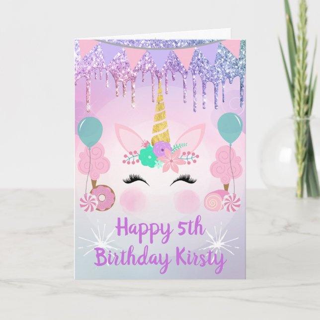 Tarjeta Cara de Unicornio Arcoíris y Cumpleaños de Dulces (Anverso)