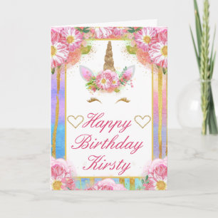 Tarjeta Cara de Unicornio Cumpleaños Rosa Oro