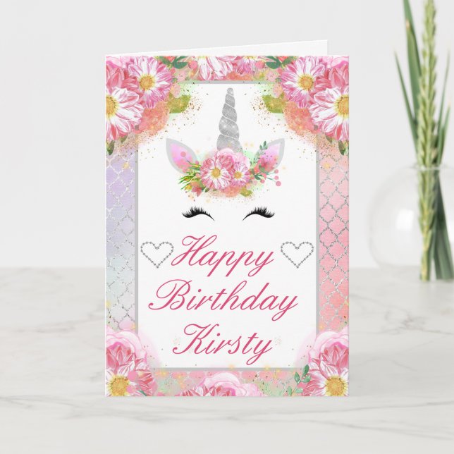 Tarjeta Cara de Unicornio Cumpleaños Rosa Plata (Anverso)