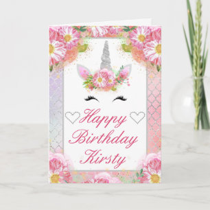 Tarjeta Cara de Unicornio Cumpleaños Rosa Plata