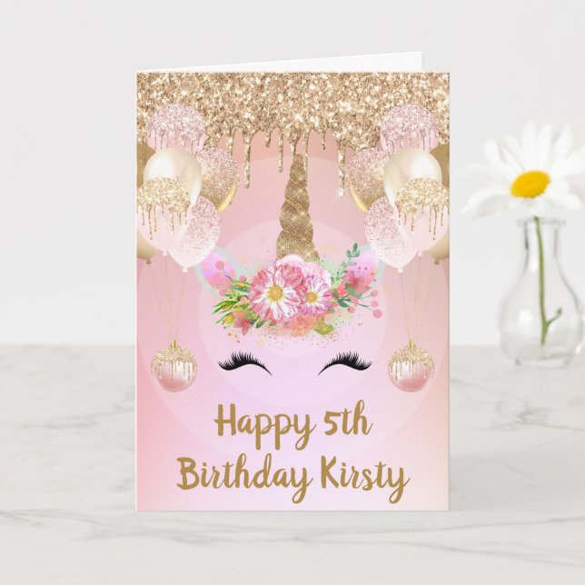 Tarjeta Cara de Unicornio Rosa y Dorado Cumpleaños (Planta pequeña)