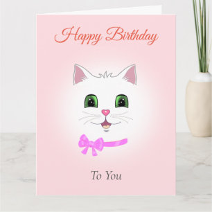Tarjeta Cara divertida de gato blanco en cumpleaños rosa c