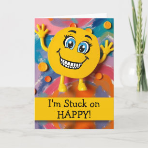 Tarjeta Cara sonriente de felicitación atascada en Feliz