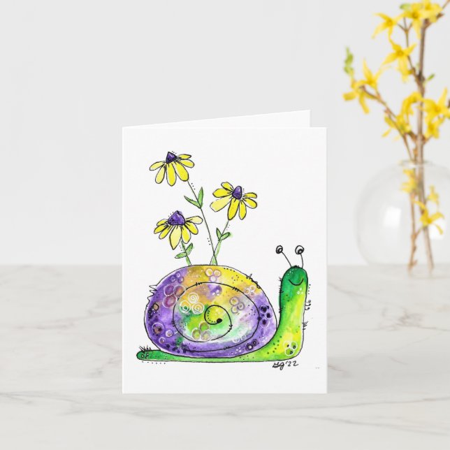 Tarjeta Caracol alegre y caprichoso con flores amarillas (flor amarilla)