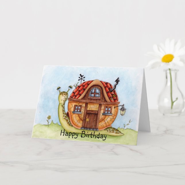 Tarjeta Caracol Con Casa En La Espalda Cumpleaños Acuarela (Planta pequeña)