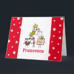 Tarjeta Caracteres de Navidades personalizados<br><div class="desc">Esta tarjeta de Navidades personalizada incluye la "tripulación de Navidad". Un grupo de lindos personajes de Navidades pequeños que adoran divertirse y hacer travesuras a los Navidades. El equipo incluye a Snowman,  Navidades Stocking,  Star,  Navidades Pudding,  Present y Candy Cane.</div>