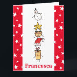 Tarjeta Caracteres de Navidades personalizados<br><div class="desc">Esta tarjeta de Navidades personalizada incluye la "tripulación de Navidad". Un grupo de lindos personajes de Navidades pequeños que adoran divertirse y hacer travesuras a los Navidades. El equipo incluye a Snowman,  Star,  Mince Pie,  Present y Santa Hat.</div>