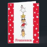 Tarjeta Caracteres de Navidades personalizados<br><div class="desc">Esta tarjeta de Navidades personalizada incluye la "tripulación de Navidad". Un grupo de lindos personajes de Navidades pequeños que adoran divertirse y hacer travesuras a los Navidades. El equipo incluye a Snowman,  Star,  Mince Pie,  Present y Santa Hat.</div>