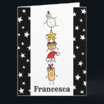 Tarjeta Caracteres de Navidades personalizados<br><div class="desc">Esta tarjeta de Navidades personalizada incluye la "tripulación de Navidad". Un grupo de lindos personajes de Navidades pequeños que adoran divertirse y hacer travesuras a los Navidades. El equipo incluye a Snowman,  Star,  Mince Pie,  Present y Santa Hat.</div>