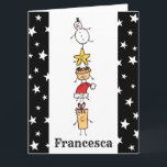 Tarjeta Caracteres de Navidades personalizados<br><div class="desc">Esta tarjeta de Navidades personalizada incluye la "tripulación de Navidad". Un grupo de lindos personajes de Navidades pequeños que adoran divertirse y hacer travesuras a los Navidades. El equipo incluye a Snowman,  Star,  Mince Pie,  Present y Santa Hat.</div>