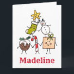 Tarjeta Caracteres de Navidades personalizados<br><div class="desc">Esta tarjeta de Navidades personalizada incluye la "tripulación de Navidad". Un grupo de lindos personajes de Navidades pequeños que adoran divertirse y hacer travesuras a los Navidades. El equipo incluye a Snowman,  Navidades Stocking,  Star,  Navidades Pudding,  Present y Candy Cane.</div>