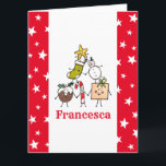 Tarjeta Caracteres de Navidades personalizados<br><div class="desc">Esta tarjeta de Navidades personalizada incluye la "tripulación de Navidad". Un grupo de lindos personajes de Navidades pequeños que adoran divertirse y hacer travesuras a los Navidades. El equipo incluye a Snowman,  Navidades Stocking,  Star,  Navidades Pudding,  Present y Candy Cane.</div>