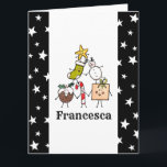 Tarjeta Caracteres de Navidades personalizados<br><div class="desc">Esta tarjeta de Navidades personalizada incluye la "tripulación de Navidad". Un grupo de lindos personajes de Navidades pequeños que adoran divertirse y hacer travesuras a los Navidades. El equipo incluye a Snowman,  Navidades Stocking,  Star,  Navidades Pudding,  Present y Candy Cane.</div>