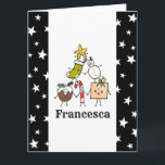 Tarjeta Caracteres de Navidades personalizados<br><div class="desc">Esta tarjeta de Navidades personalizada incluye la "tripulación de Navidad". Un grupo de lindos personajes de Navidades pequeños que adoran divertirse y hacer travesuras a los Navidades. El equipo incluye a Snowman,  Navidades Stocking,  Star,  Navidades Pudding,  Present y Candy Cane.</div>
