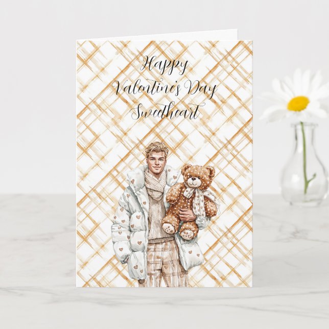Tarjeta Caramel Valentine's Day Man Teddy Bear (Planta pequeña)