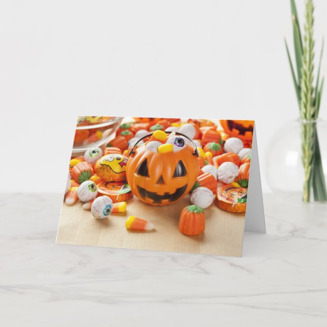 Tarjeta Caramelo anaranjado fantasmagórico de Halloween (Anverso)