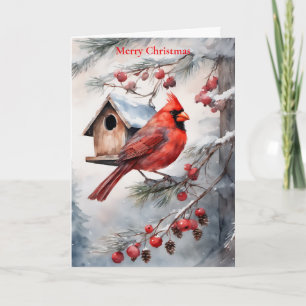 Tarjeta Cardenal acuarela de vacaciones y hogar de aves