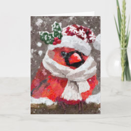 Tarjeta Cardenal Bird Scarf y Gorra en Navidades de nieve