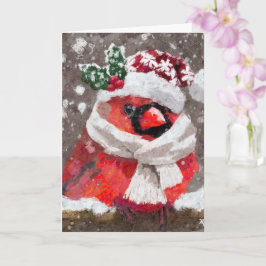 Tarjeta Cardenal Bird Scarf y Gorra en Navidades de nieve