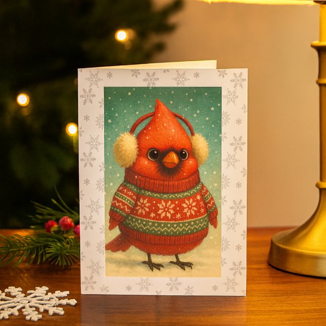 Tarjeta Cardenal Caprichoso con Orejeras de Navidad  (Whimsical cardinal holiday card festive, cozy, and perfect for winter greetings or gifts.)