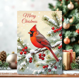 Tarjeta Cardenal de Navidad en una Rama Nevada