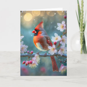 Tarjeta Cardenal masculino en flor de cerezo a la luz de l