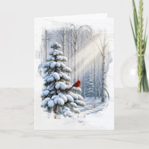 Tarjeta Cardenal navidad en un árbol de pino de invierno