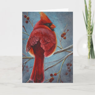 Tarjeta Cardenal Norte Rojo Pájaro Bayas Arte Acuarela