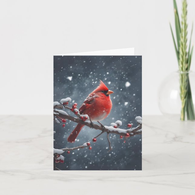 Tarjeta Cardenal rojo en rama de árbol en saludo en blanco (Anverso)