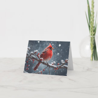 Tarjeta Cardenal rojo en rama de árbol Navidades en blanco