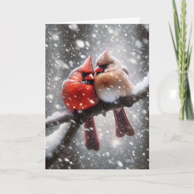 Tarjeta Cardenales de aniversario en tormenta de nieve (Anverso)