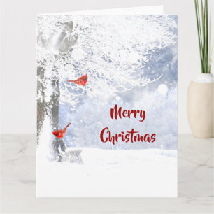 Tarjeta Cardenales rojos Navidades de aves nevan árboles