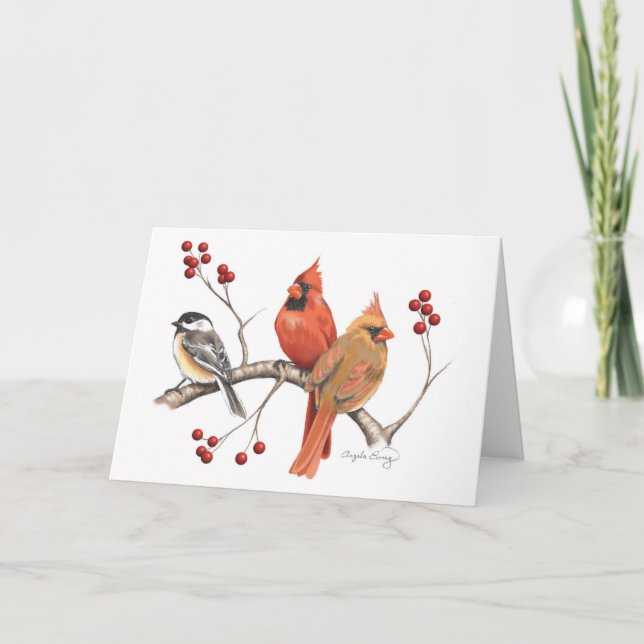Tarjeta Cardenales y pollo con bayas de invierno (Anverso)