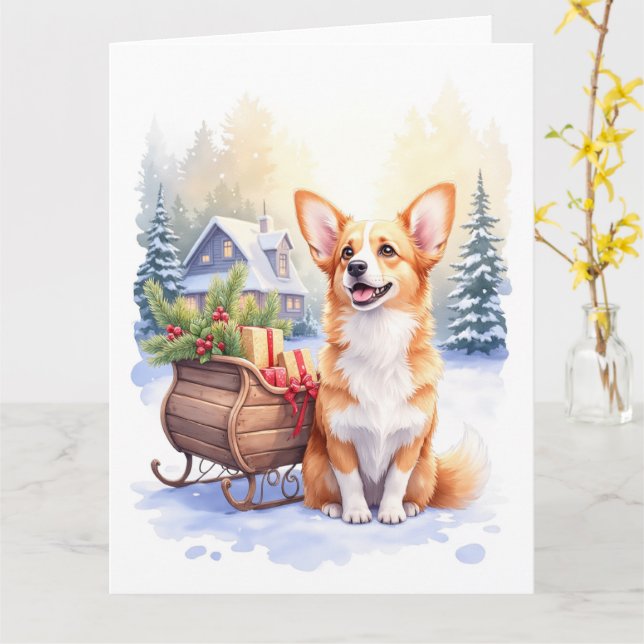 Tarjeta Cardigan Welsh Corgi Festive Sleigh Christmas Art (flor amarilla)