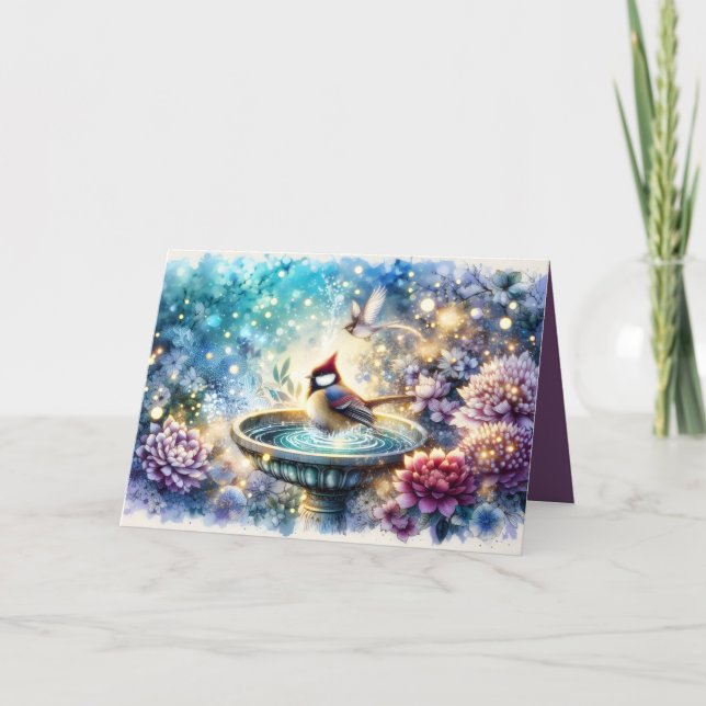 Tarjeta Cardinal at Birdbath Dreamy Garden Ar (Anverso)