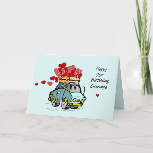 Tarjeta Cargo de corazón en auto de cumpleaños número 70 d (Anverso)