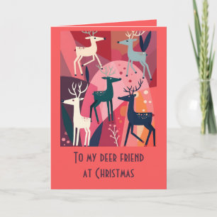 Tarjeta Caribú de Navidad Rosa Kitsch Diseño Moderno Retro