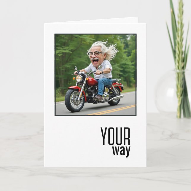 Tarjeta Caricatura de cumpleaños viejo en motocicleta (Anverso)