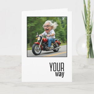Tarjeta Caricatura de cumpleaños viejo en motocicleta