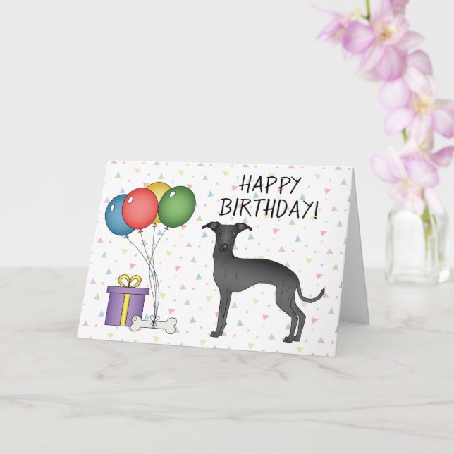 Tarjeta Caricatura de Greyhound italiano negro Perro feliz (Orquídea)