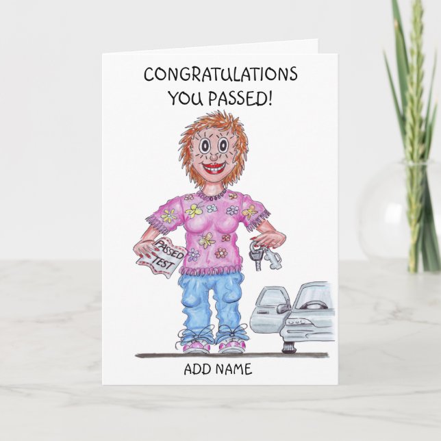 Tarjeta Caricatura de mujer que acaba de aprobar el examen (Anverso)