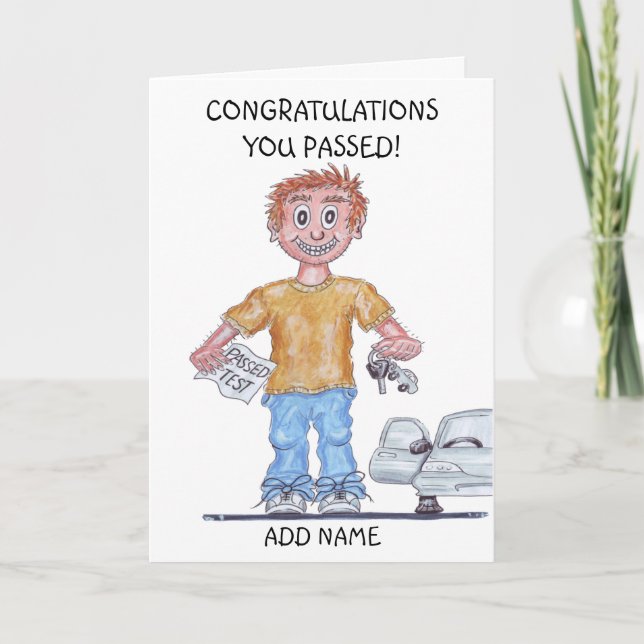 Tarjeta Caricatura de un hombre feliz que acaba de aprobar (Anverso)