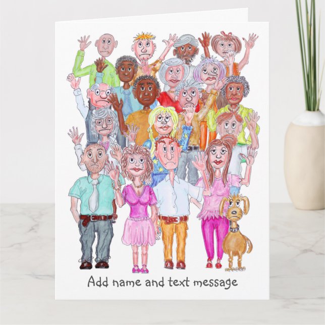 Tarjeta Caricaturas de personas tristes saludando (Anverso)